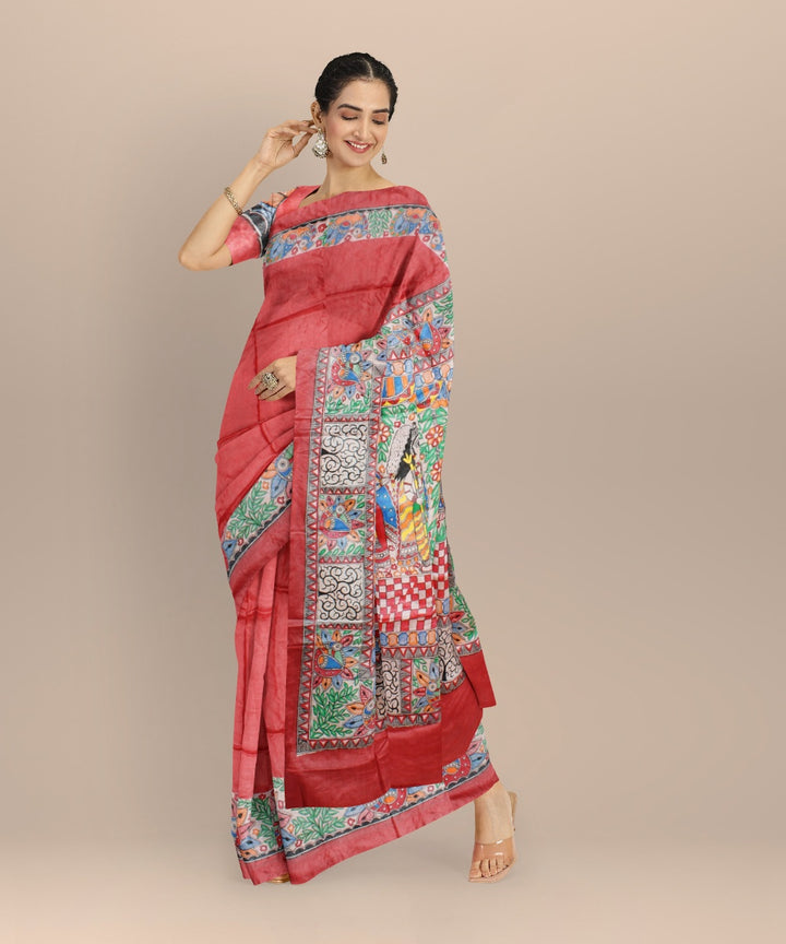 Peach multicolor tussar silk hand painted madhubani painting saree