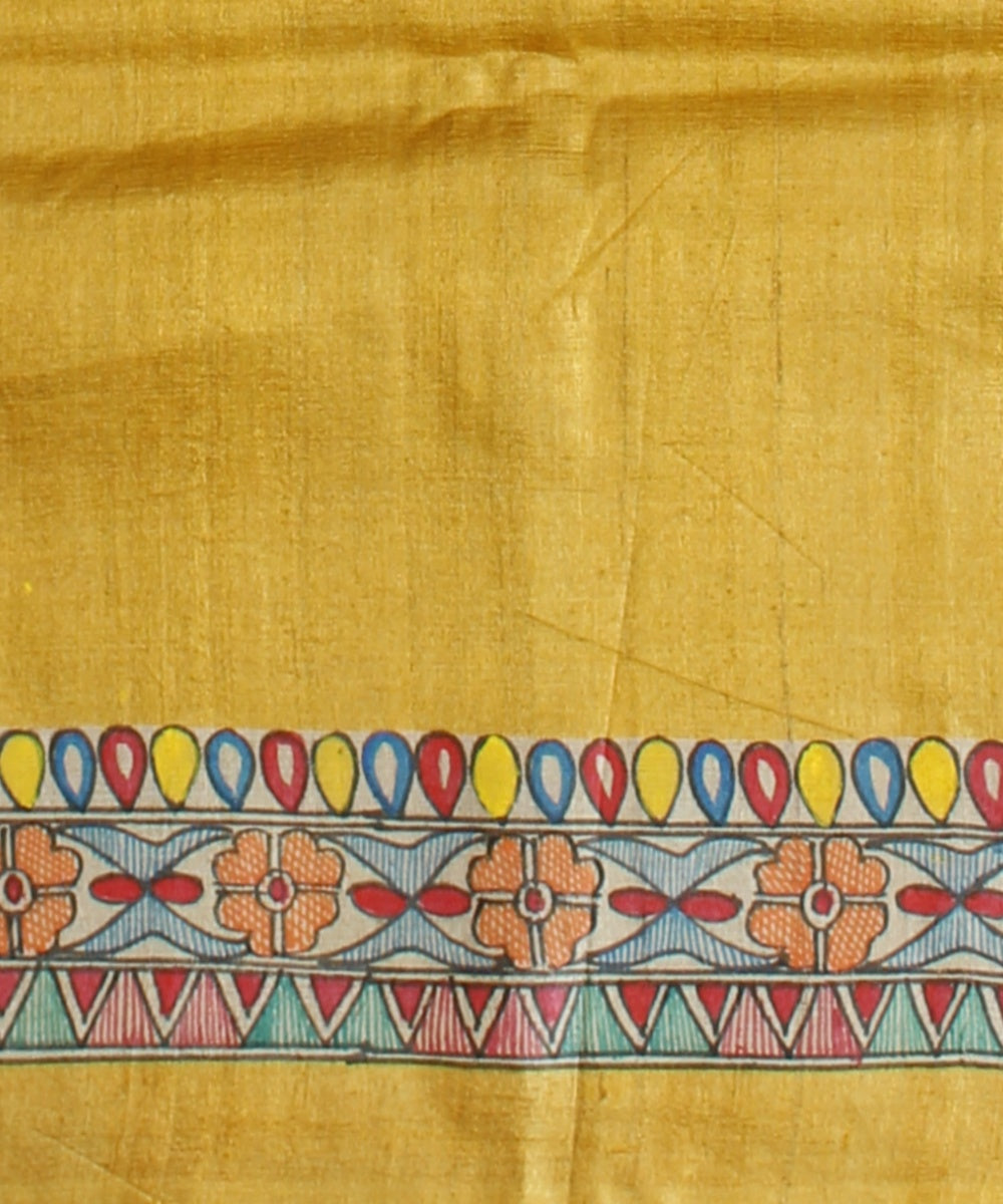 Mustard multicolor tussar silk hand painted madhubani painting saree