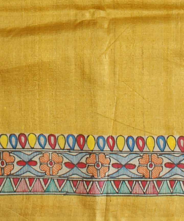 Mustard multicolor tussar silk hand painted madhubani painting saree