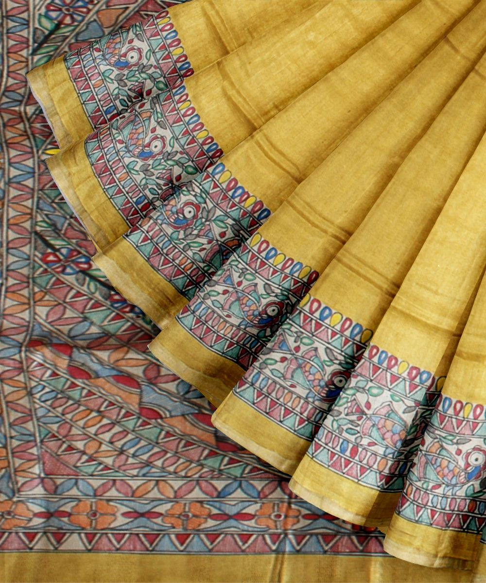 Mustard multicolor tussar silk hand painted madhubani painting saree