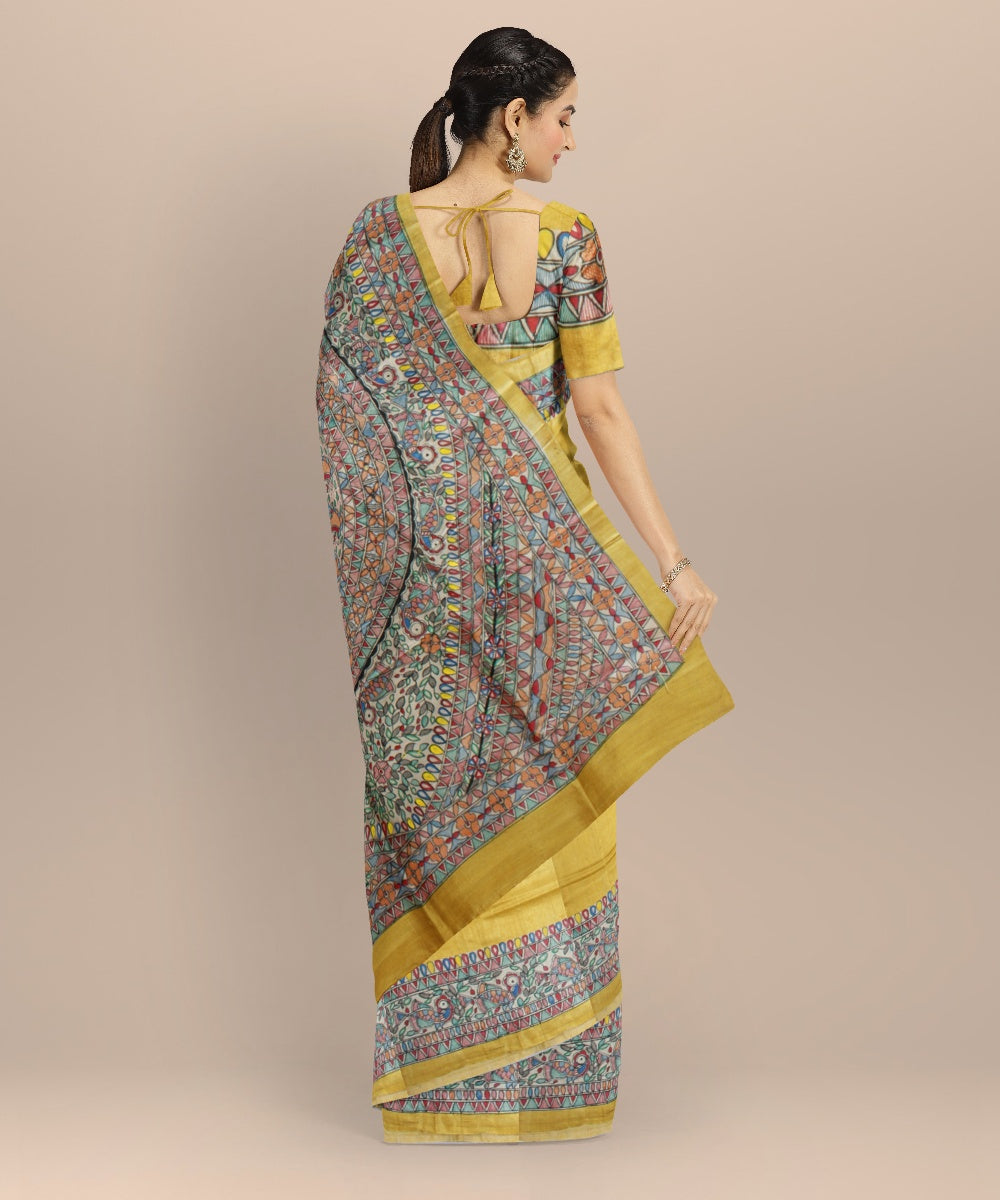 Mustard multicolor tussar silk hand painted madhubani painting saree