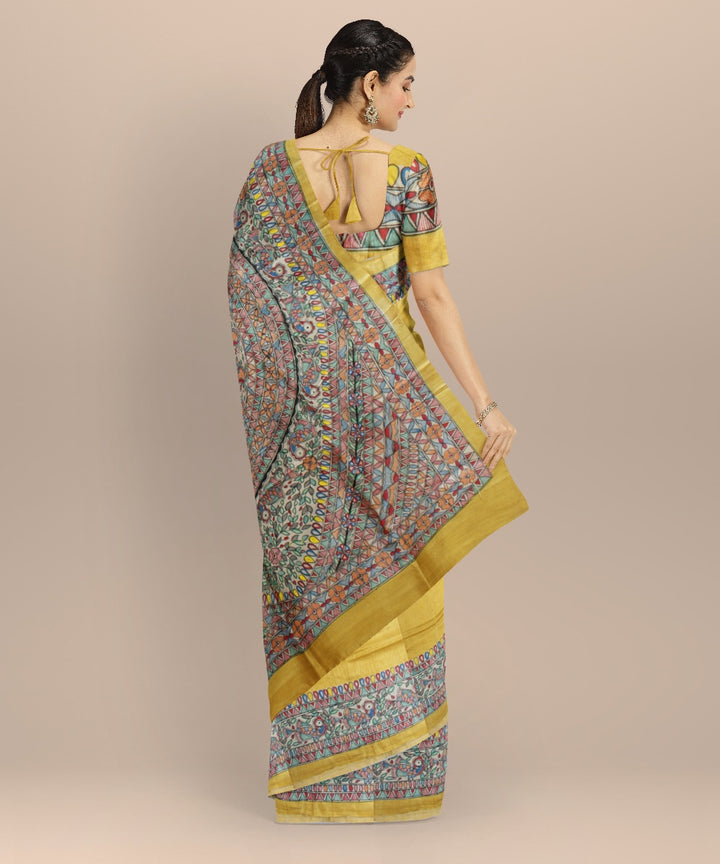 Mustard multicolor tussar silk hand painted madhubani painting saree
