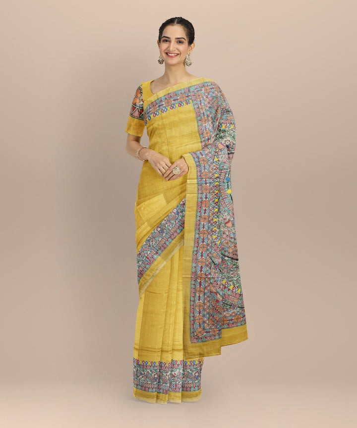 Mustard multicolor tussar silk hand painted madhubani painting saree