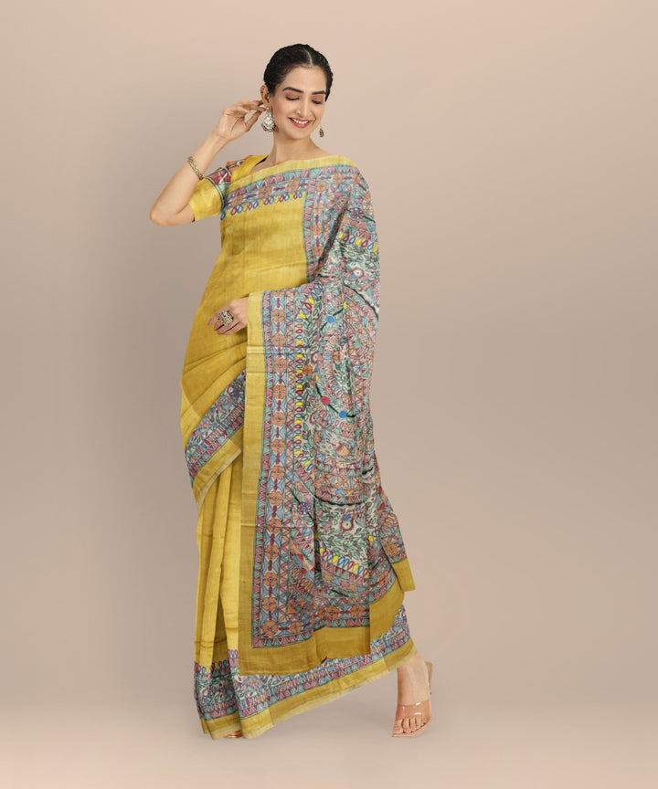 Mustard multicolor tussar silk hand painted madhubani painting saree
