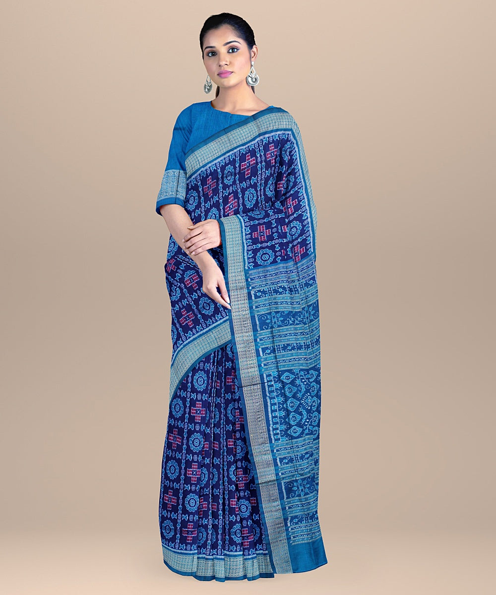 Cyan blue teal handwoven odisha ikat silk saree