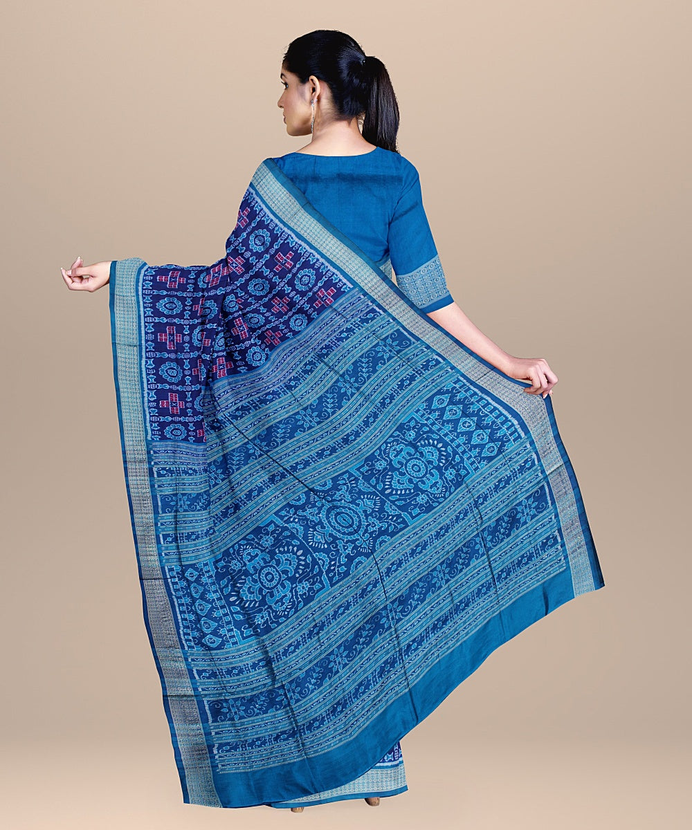 Cyan blue teal handwoven odisha ikat silk saree