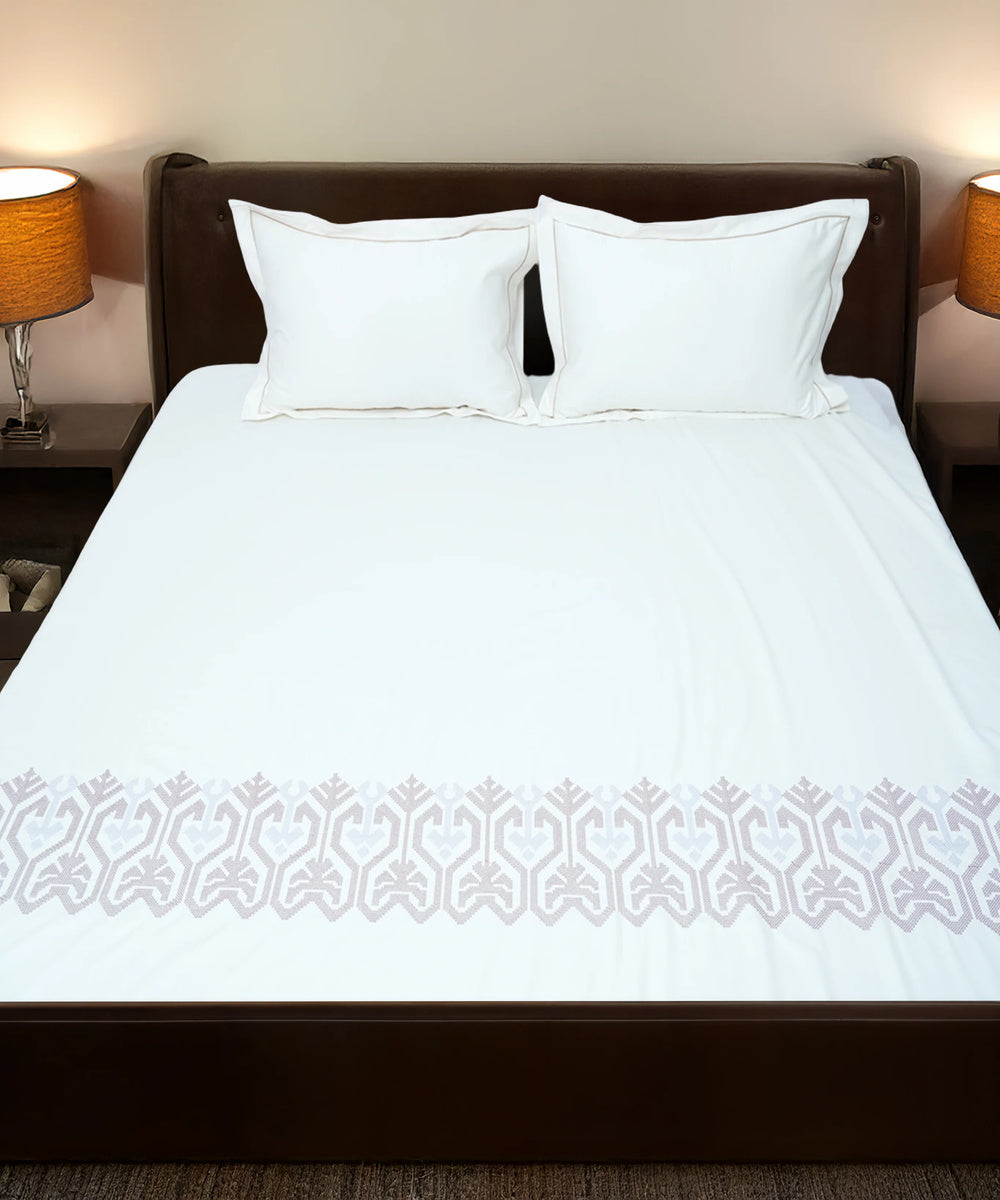 Cream hand embroidered cotton bedsheet