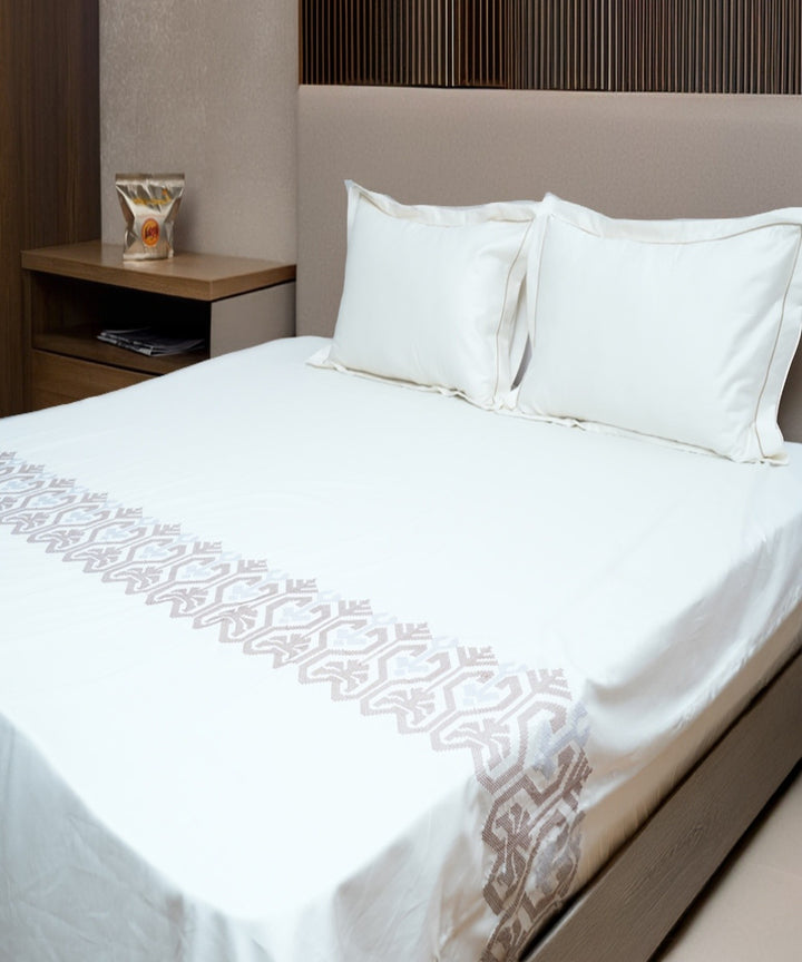 Cream hand embroidered cotton bedsheet