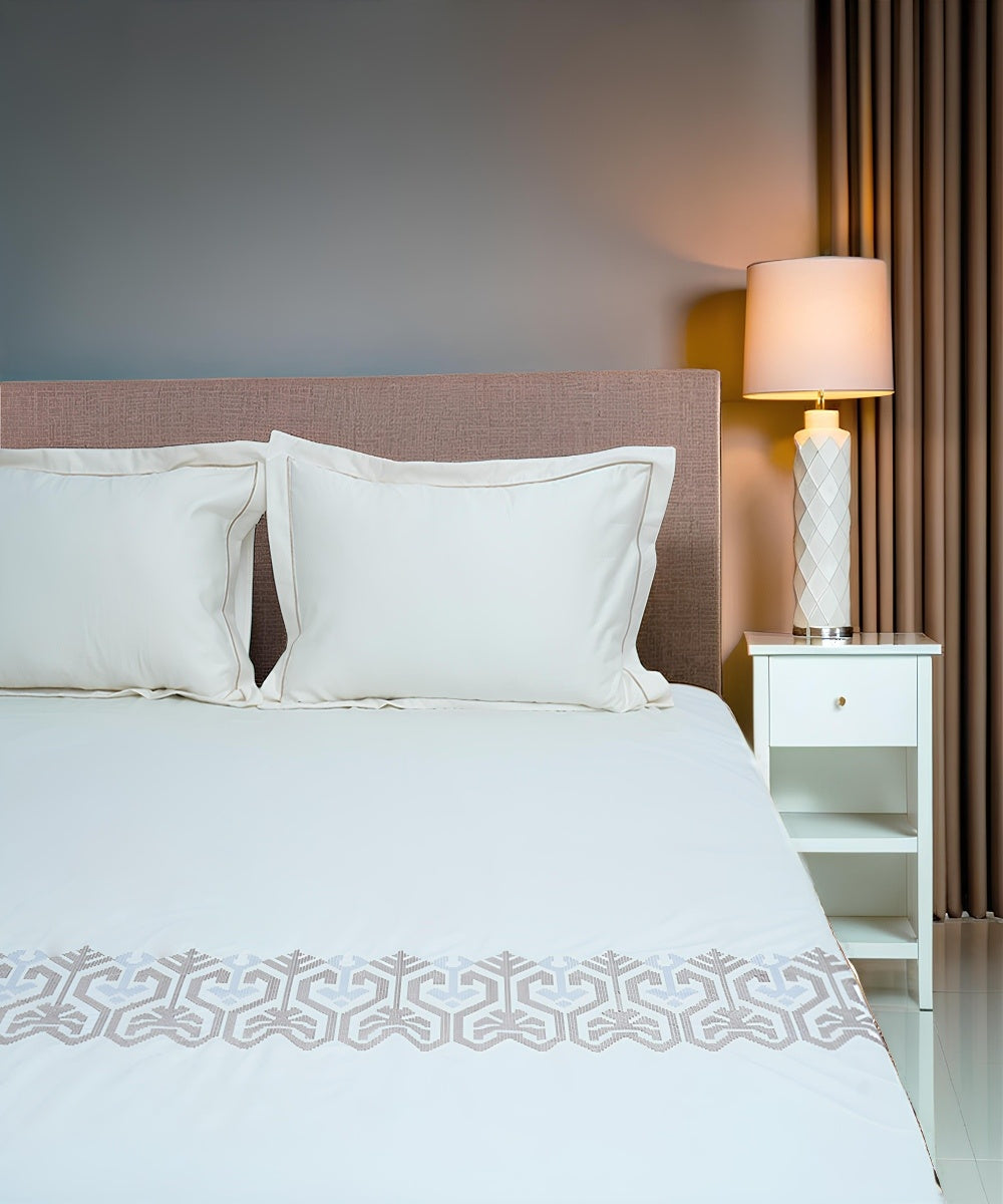Cream hand embroidered cotton bedsheet