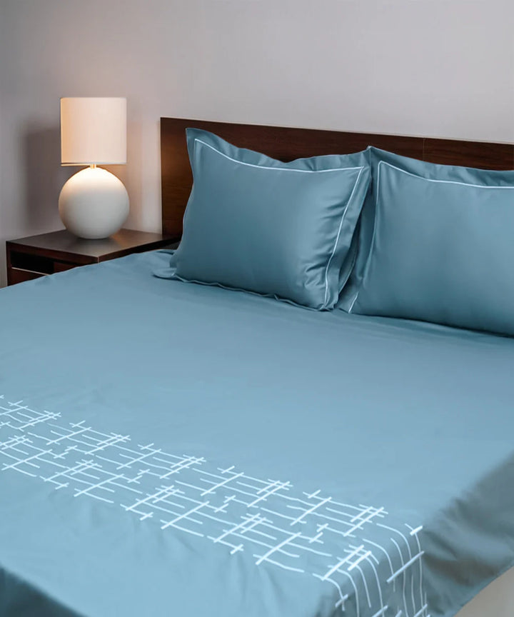Sky blue cotton hand embroidered bedsheet