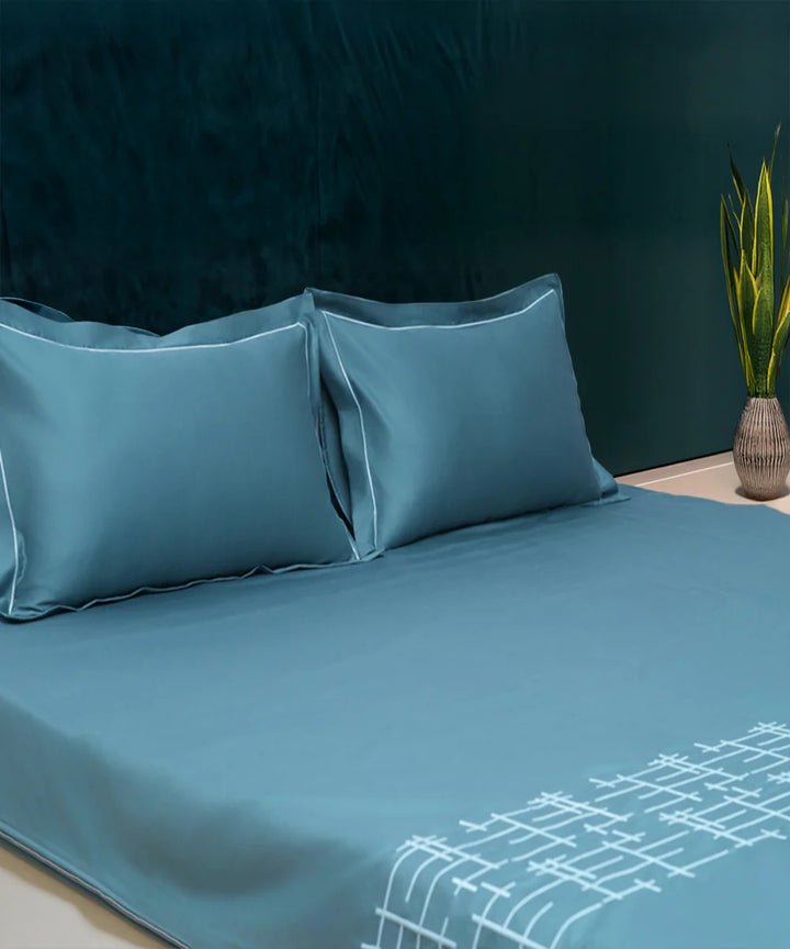 Sky blue cotton hand embroidered bedsheet