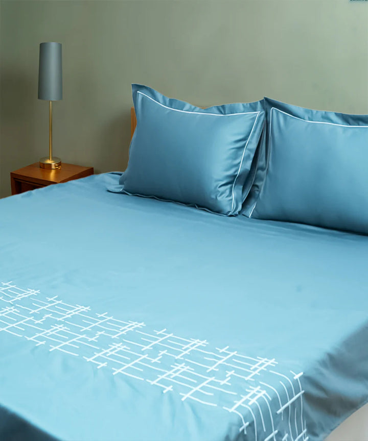 Sky blue cotton hand embroidered bedsheet