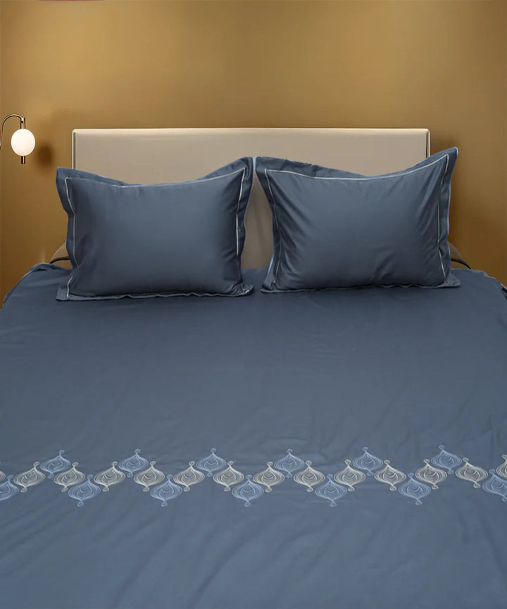 Grey white cotton hand embroidered bedsheet