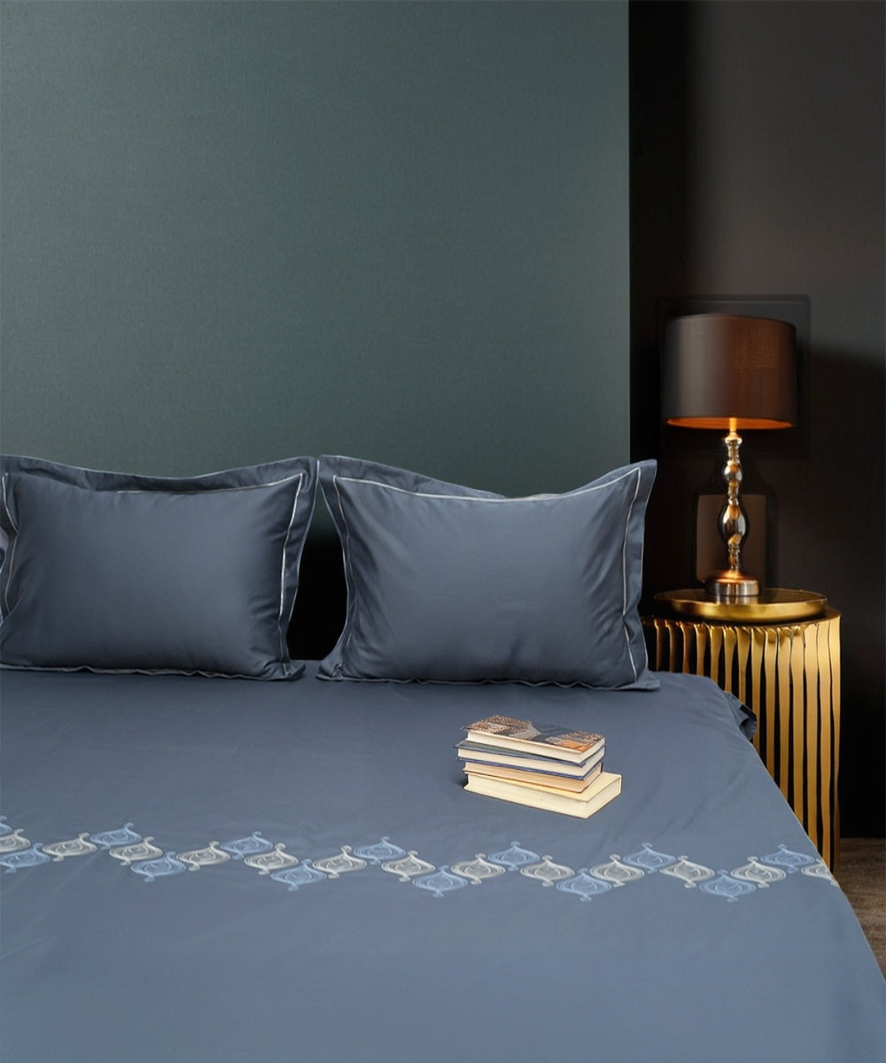 Grey white cotton hand embroidered bedsheet