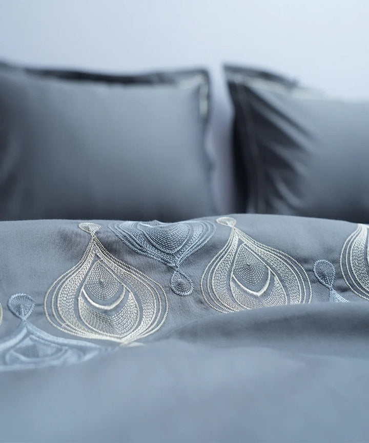 Grey white cotton hand embroidered bedsheet