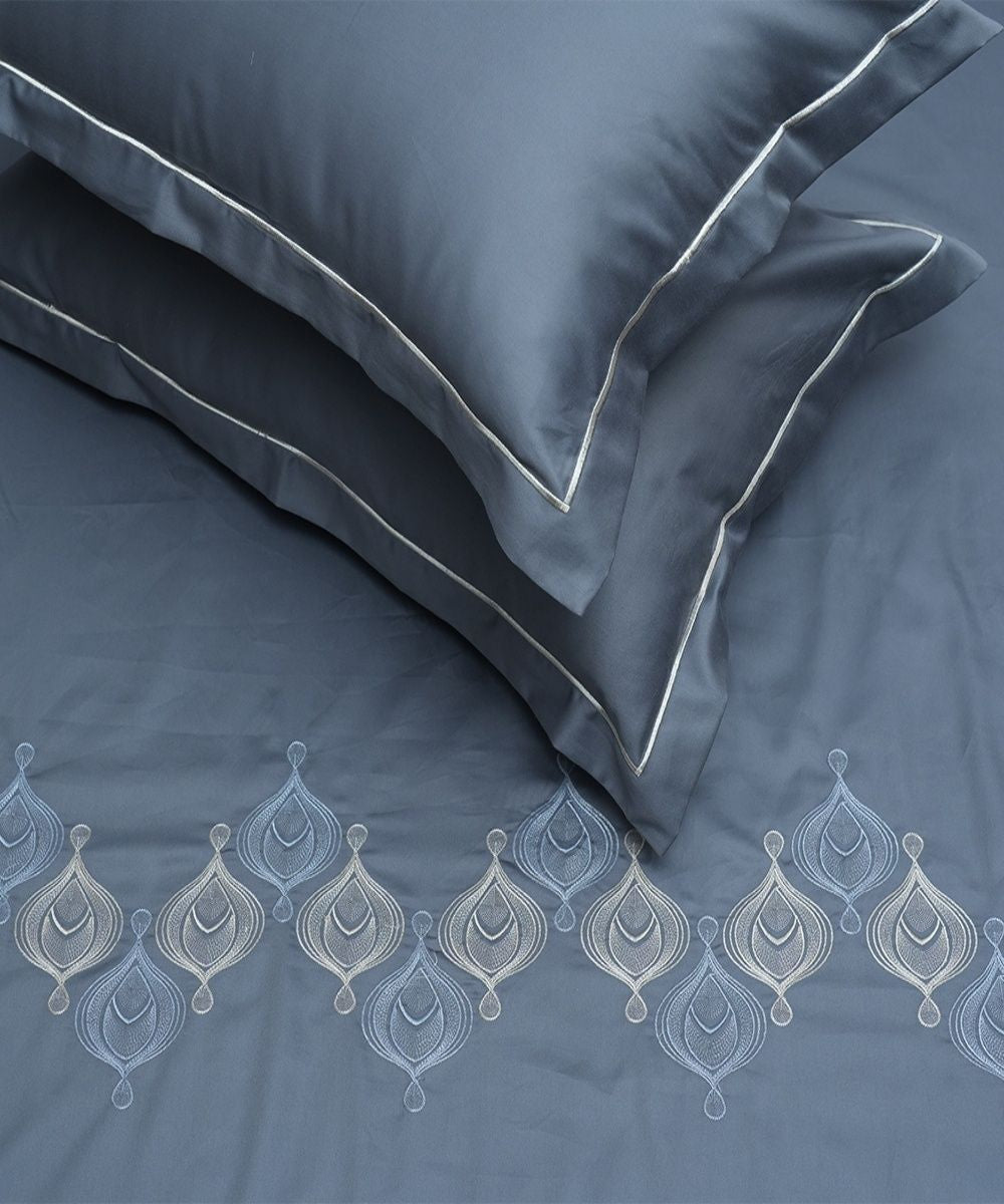Grey white cotton hand embroidered bedsheet