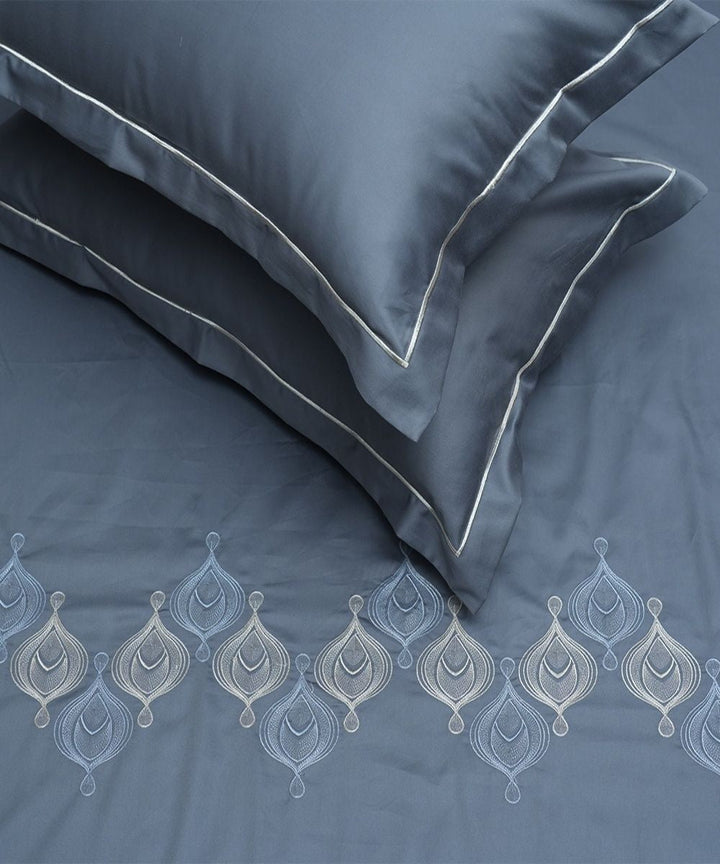 Grey white cotton hand embroidered bedsheet