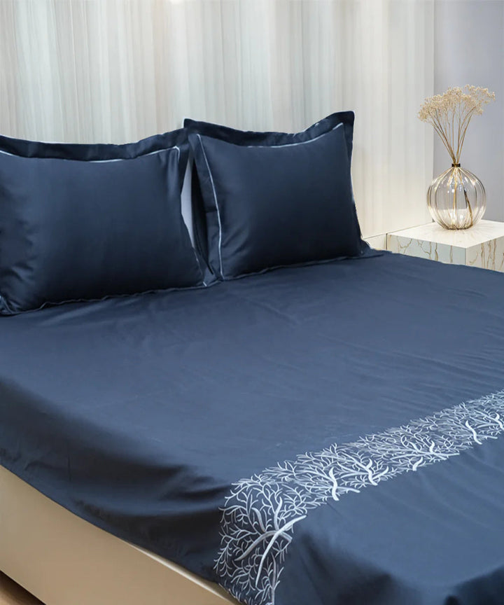 Dark grey cotton hand embroidered bedsheet