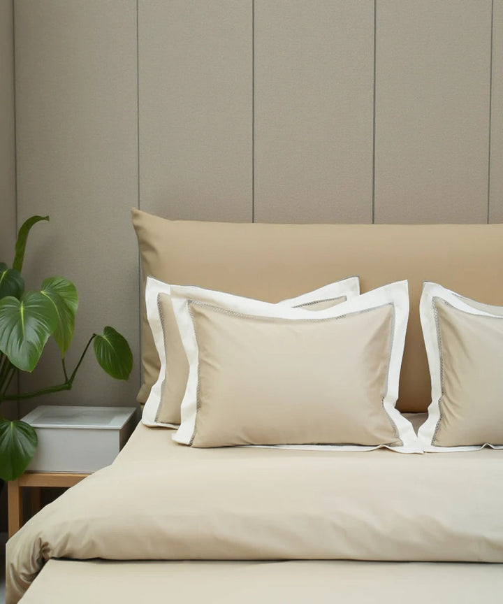 Beige cotton hand embroidered bedsheet