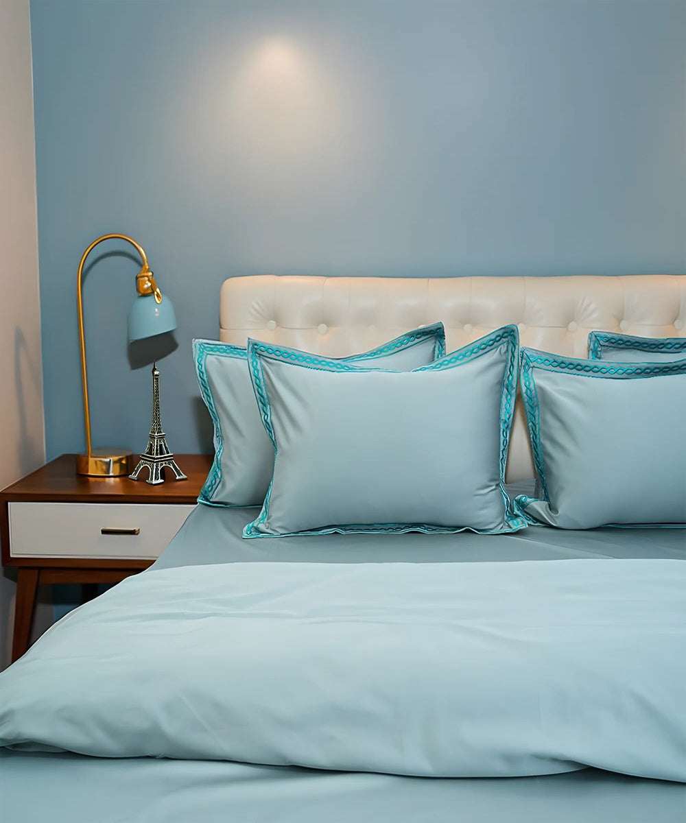 Light blue cotton hand embroidered bedsheet
