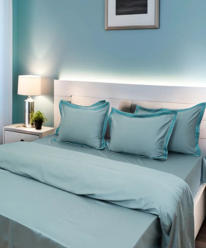 Light blue cotton hand embroidered bedsheet