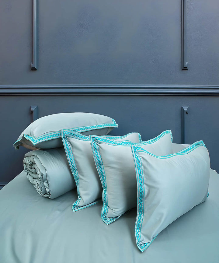 Light blue cotton hand embroidered bedsheet