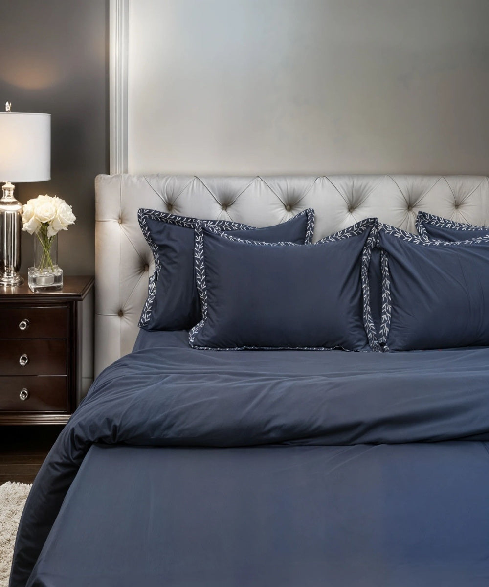 Slate blue cotton hand embroidered bedsheet