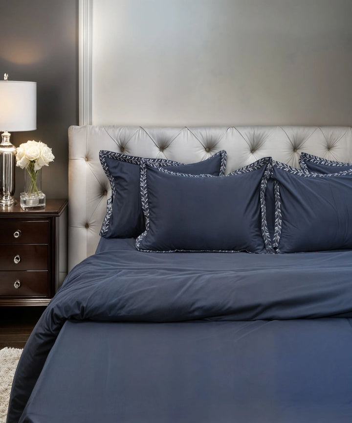Slate blue cotton hand embroidered bedsheet