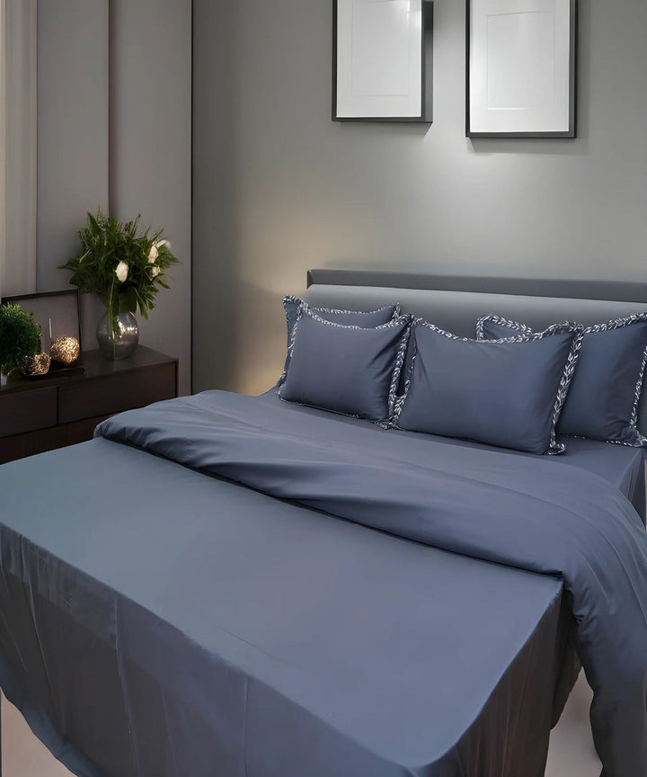Slate blue cotton hand embroidered bedsheet