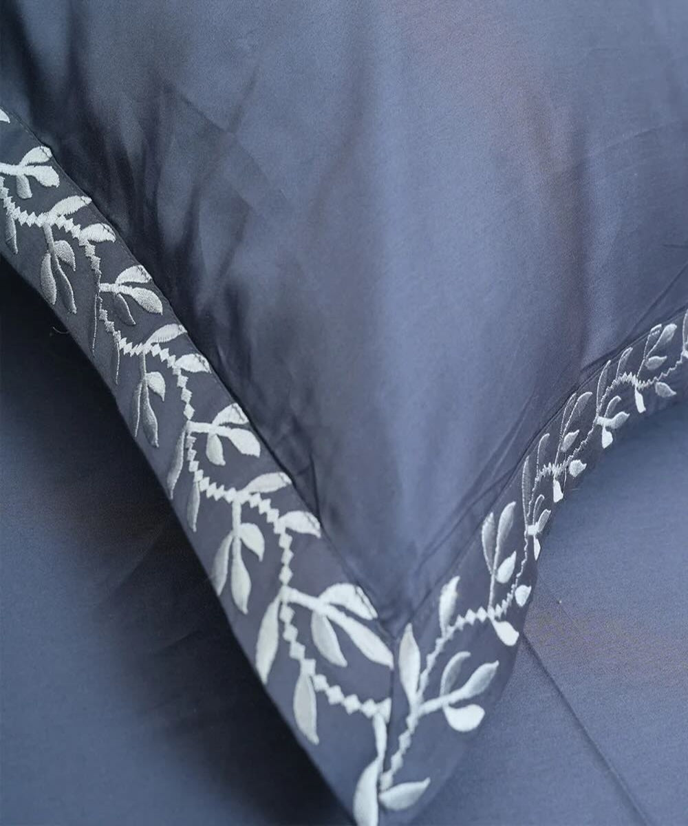 Slate blue cotton hand embroidered bedsheet