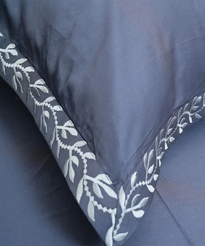 Slate blue cotton hand embroidered bedsheet