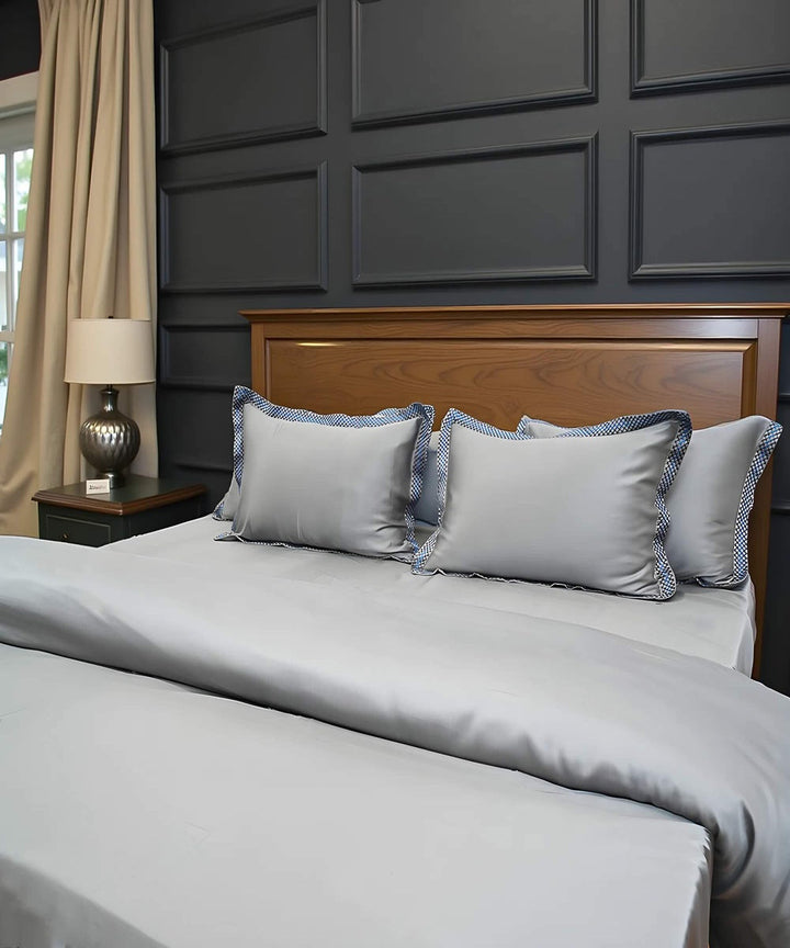 Ash grey cotton hand embroidered bedsheet