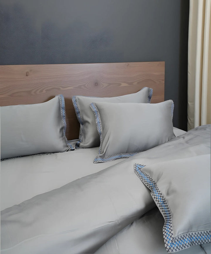Ash grey cotton hand embroidered bedsheet
