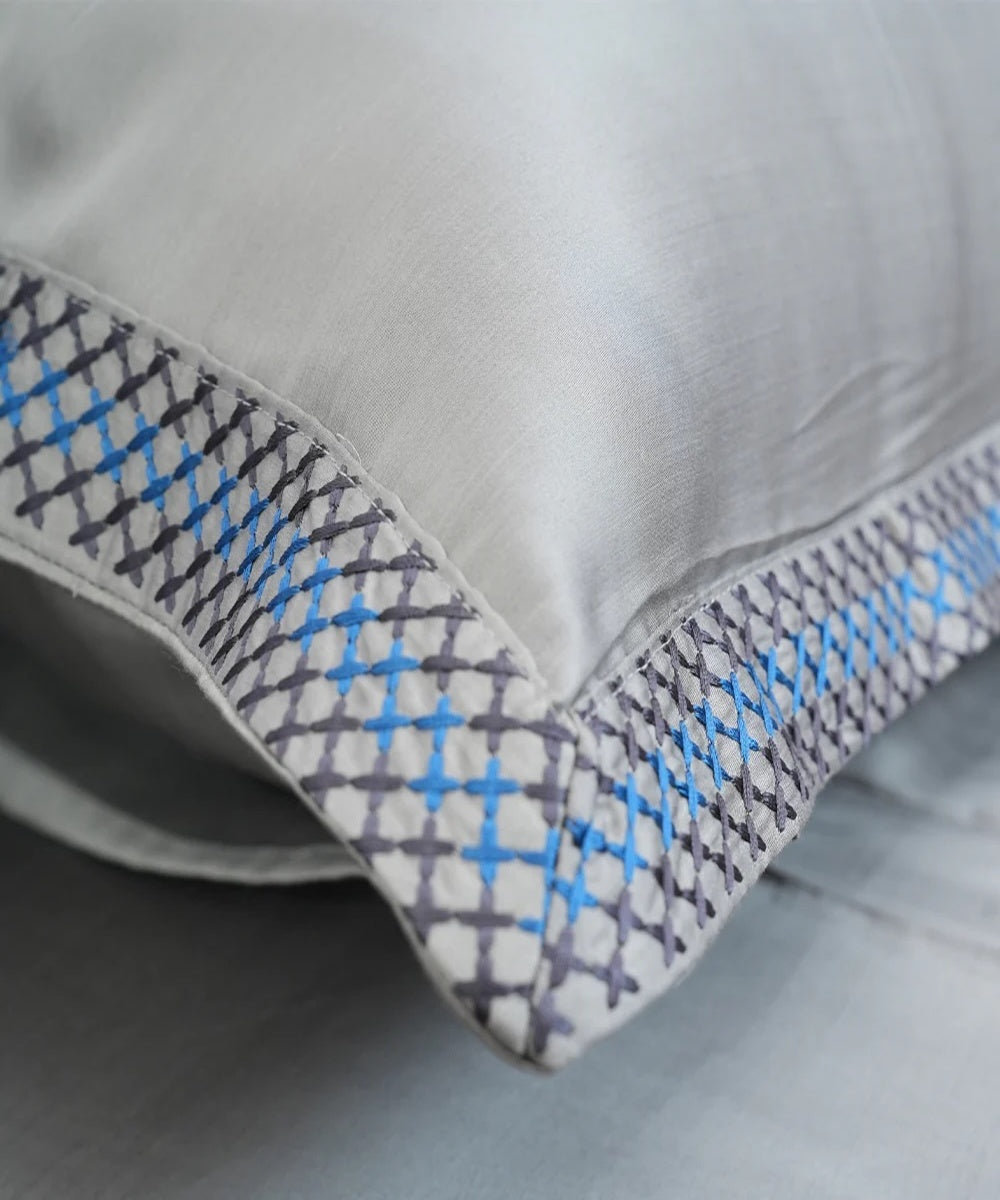 Ash grey cotton hand embroidered bedsheet