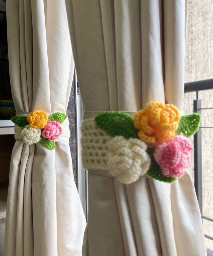 Pink yellow cotton hand knitted curtain belt