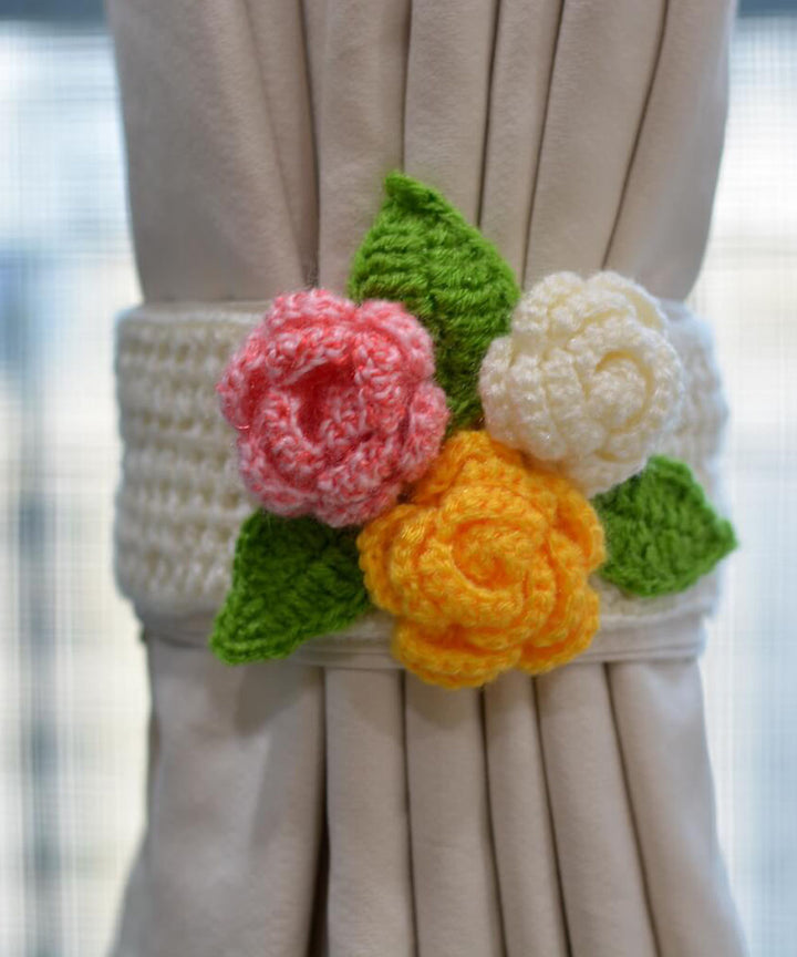Pink yellow cotton hand knitted curtain belt