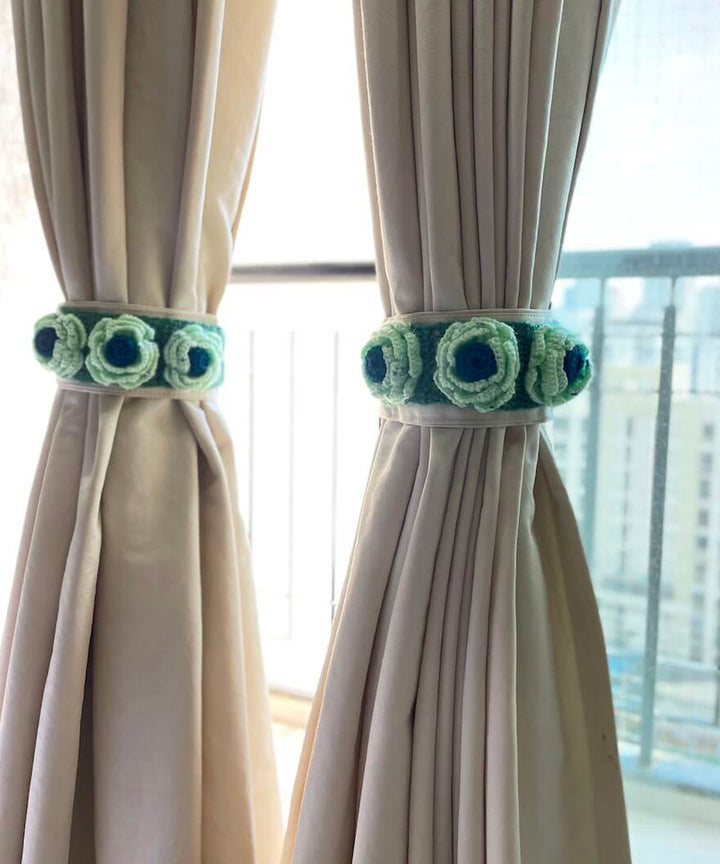 Turquoise light blue wool hand knitted curtain belt