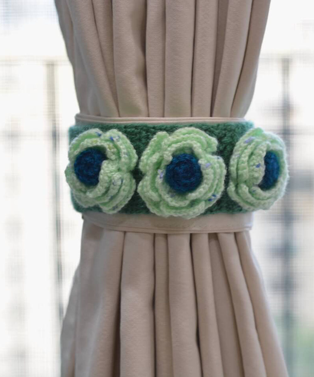 Turquoise light blue wool hand knitted curtain belt