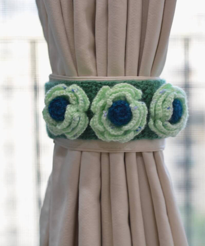 Turquoise light blue wool hand knitted curtain belt
