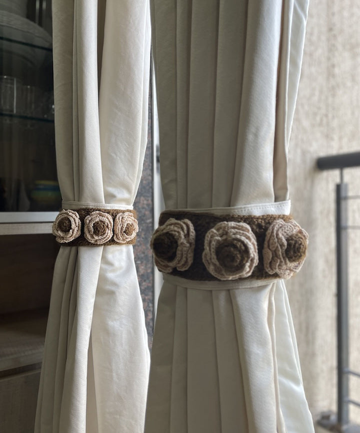 Brown beige wool hand knitted curtain belt