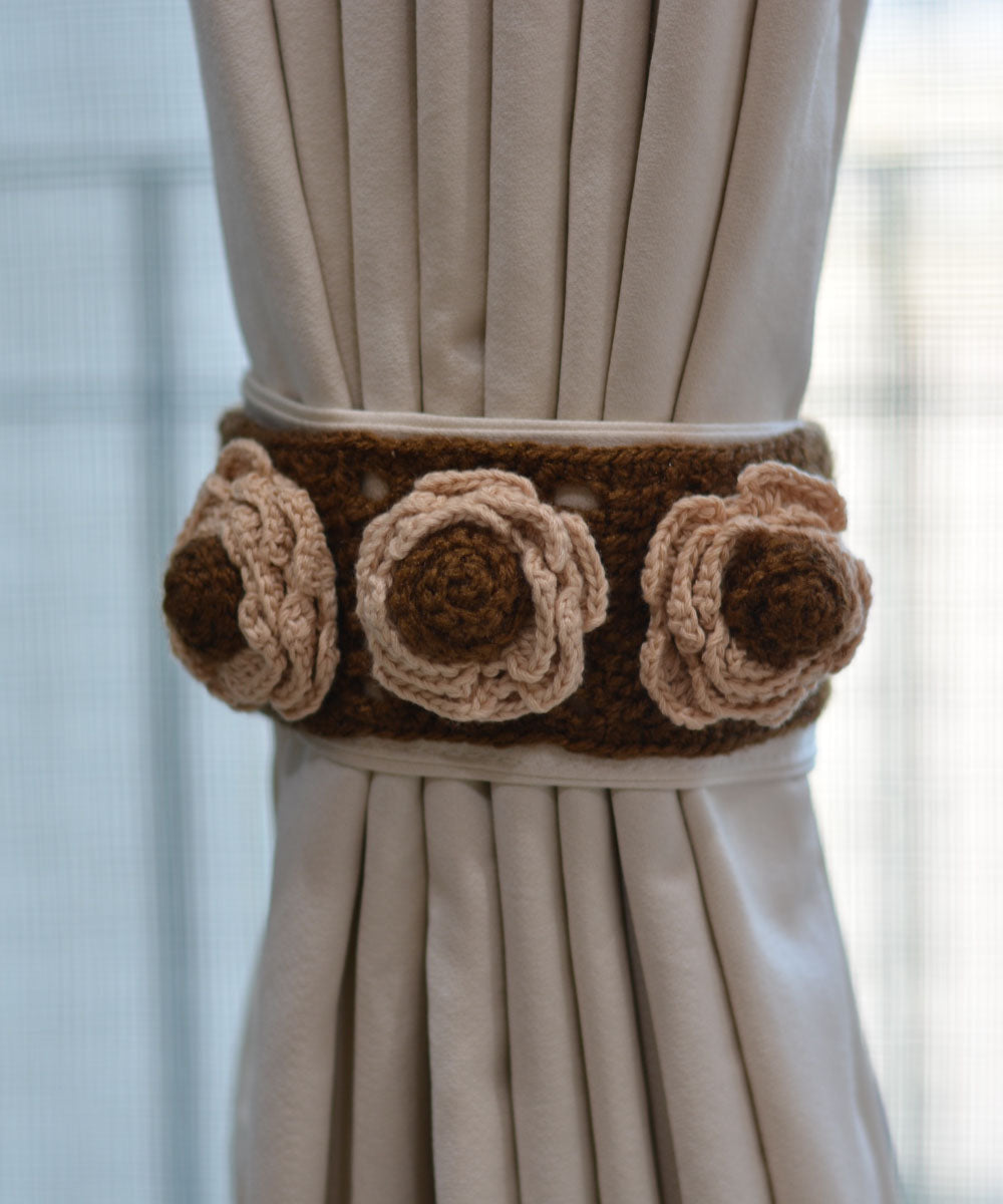 Brown beige wool hand knitted curtain belt