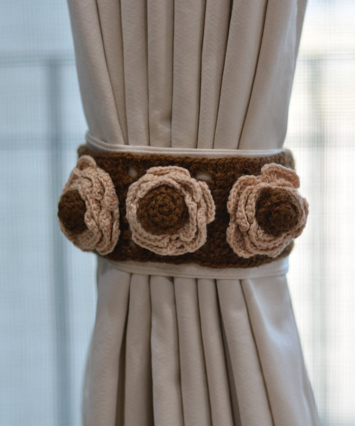 Brown beige wool hand knitted curtain belt
