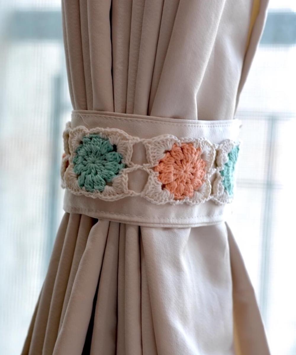Peach sea blue cotton hand knitted curtain belt