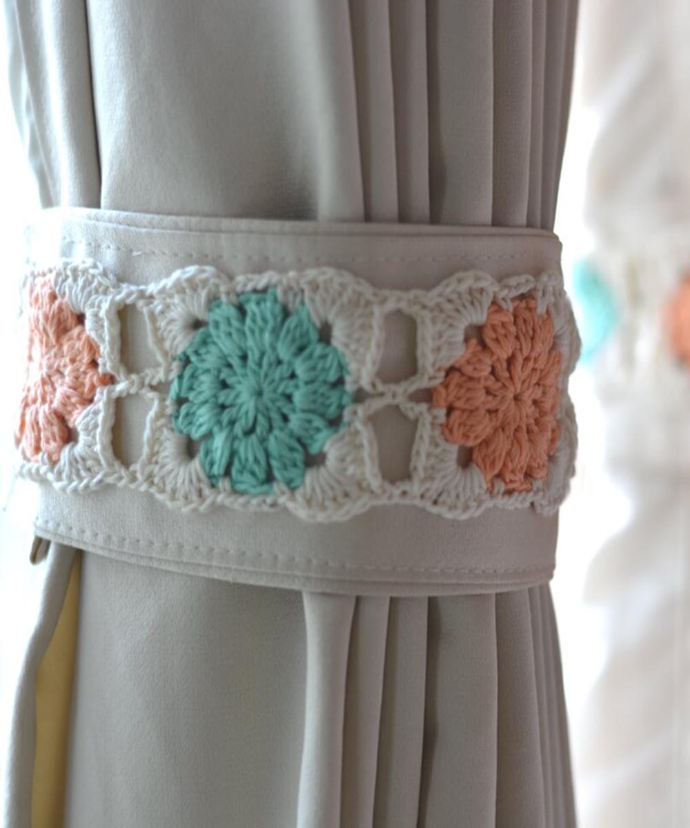 Peach sea blue cotton hand knitted curtain belt
