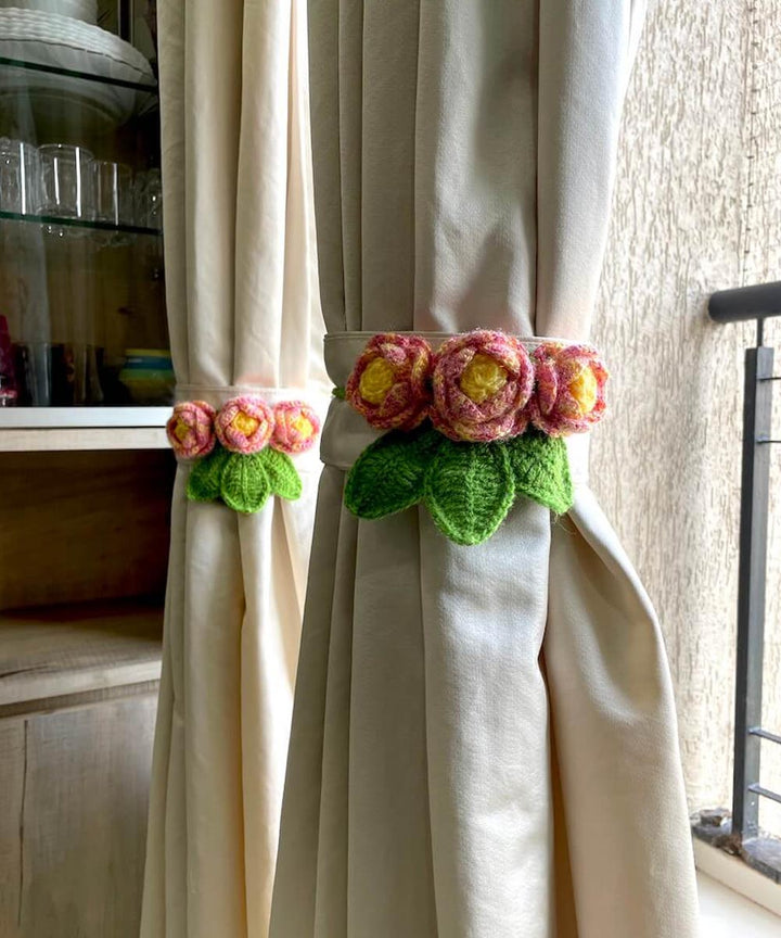 Pink yellow green wool hand knitted curtain belt