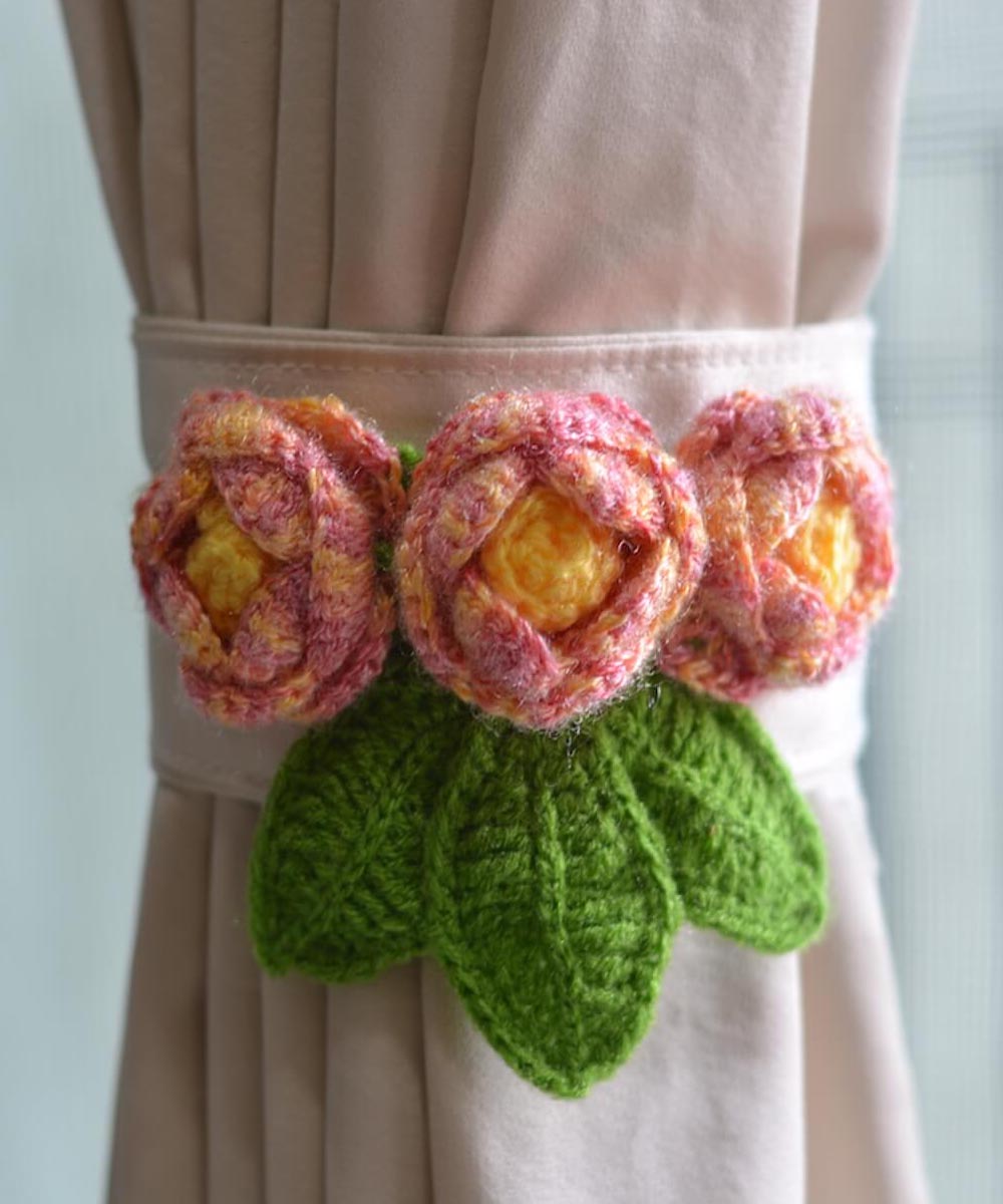 Pink yellow green wool hand knitted curtain belt