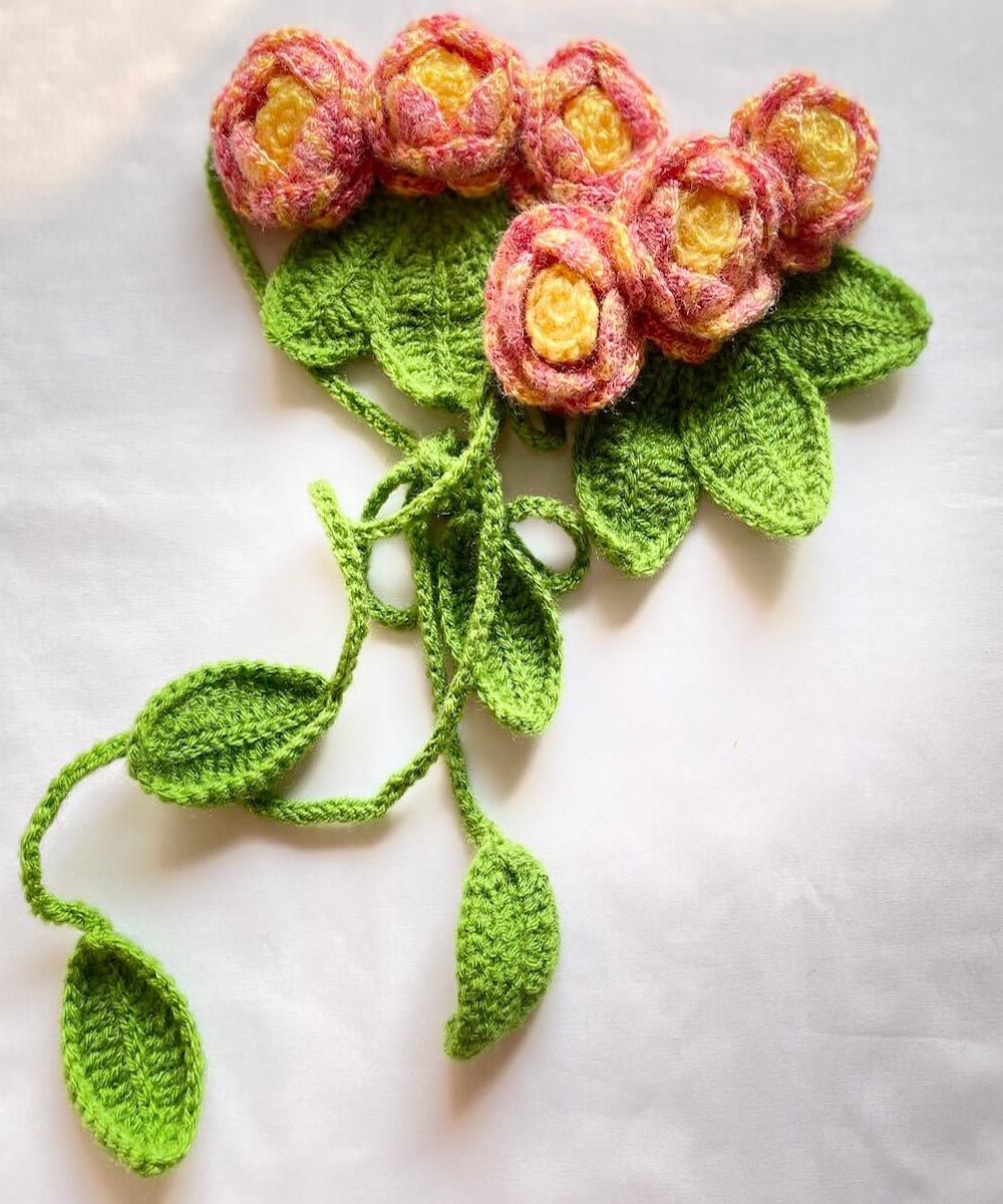 Pink yellow green wool hand knitted curtain belt
