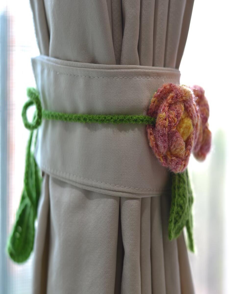 Pink yellow green wool hand knitted curtain belt
