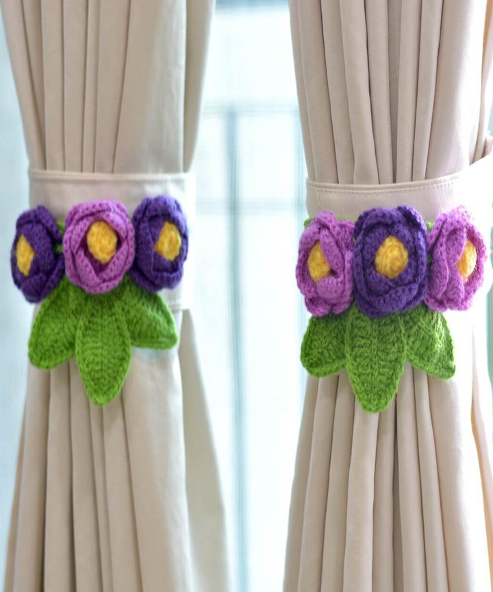 Purple navy blue green wool hand knitted curtain belt