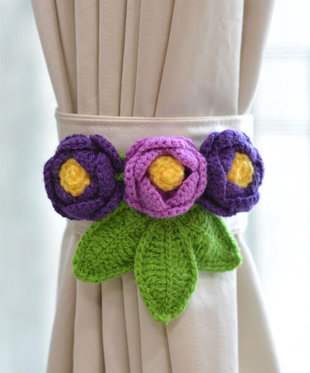 Purple navy blue green wool hand knitted curtain belt